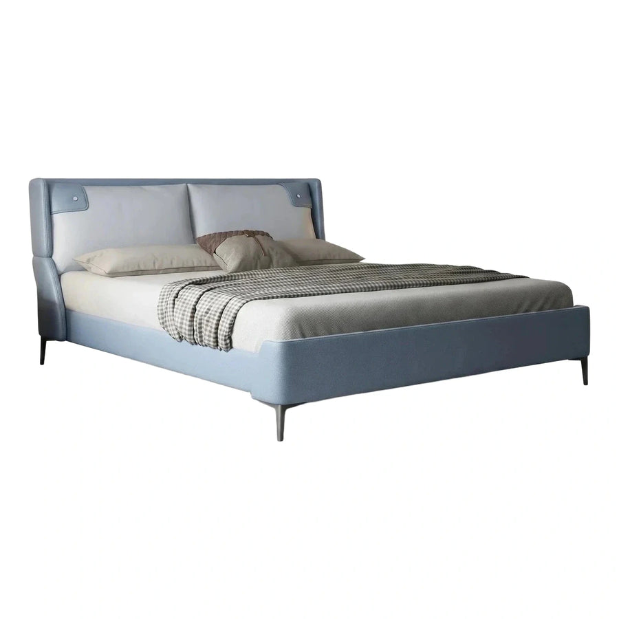 Modern Blue Upholstered Platform Bed with Leather Headboard