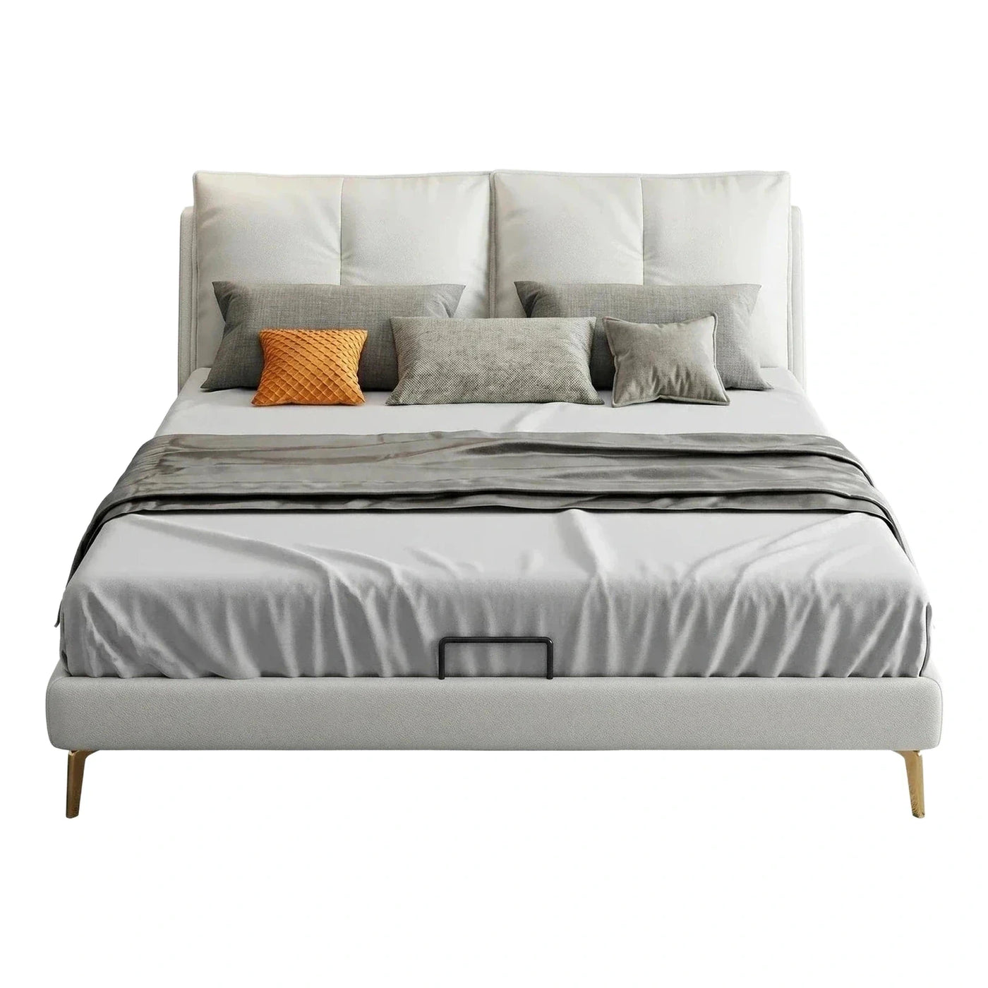 Modern Cream Leather Upholstered Platform Bed with Gold Legs
