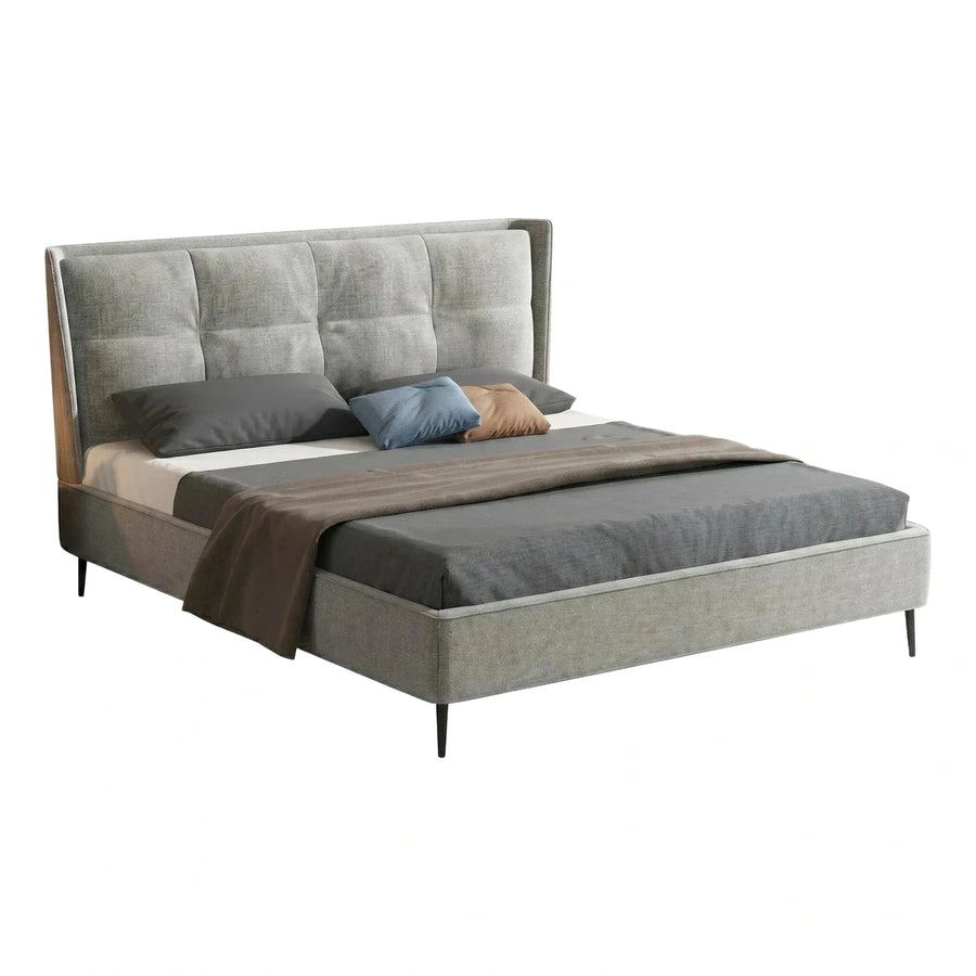 Modern Grey Upholstered Platform Bed with Wood Accent