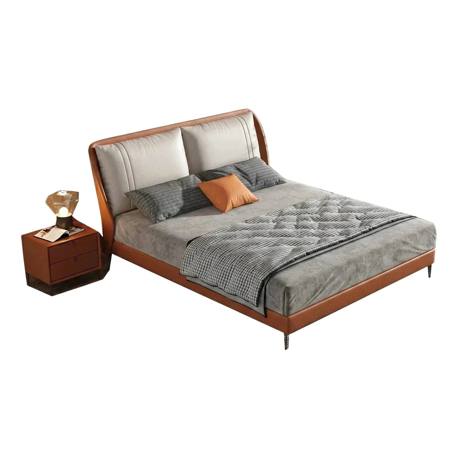 Modern Brown Leather Platform Bed with Curved Headboard