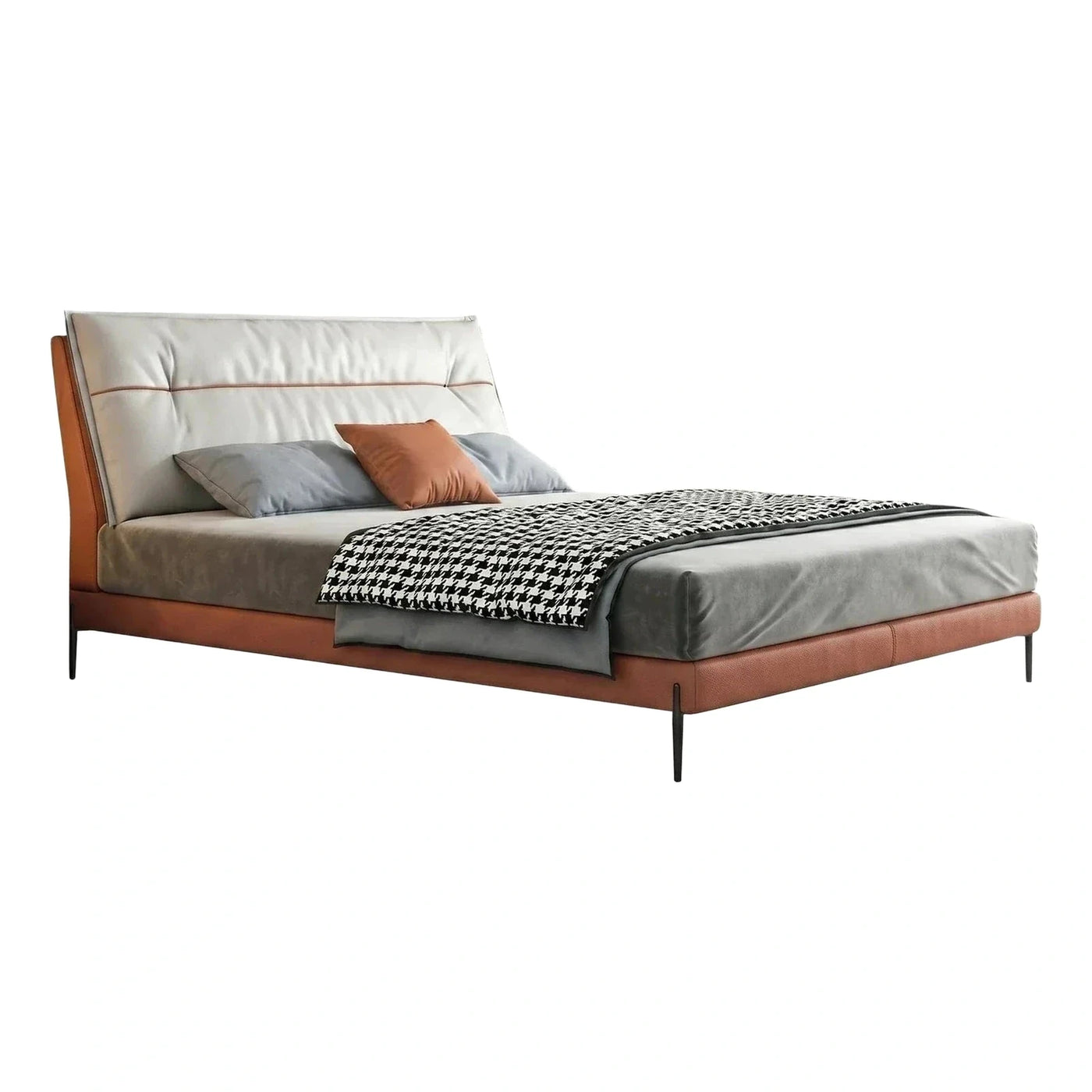 Modern Brown Leather Platform Bed with Upholstered Headboard