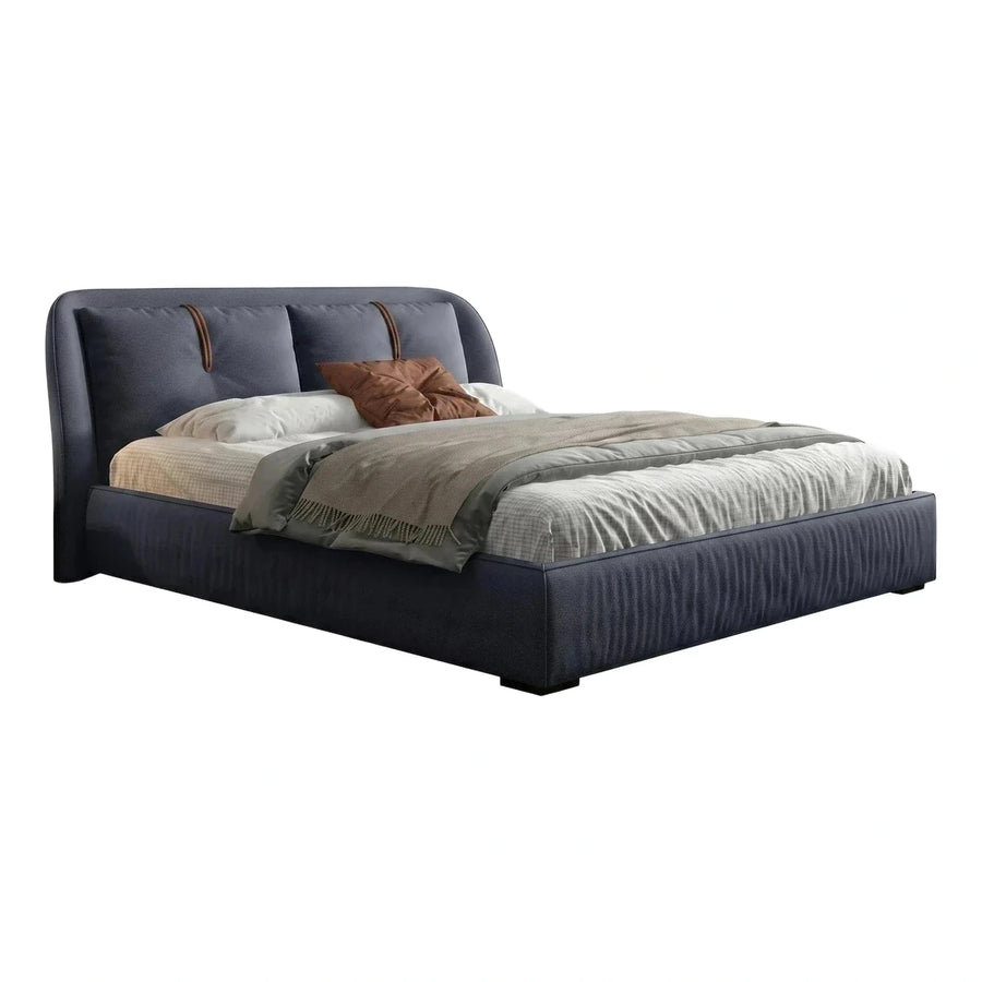 Navy Blue Upholstered Platform Bed with Leather Accents