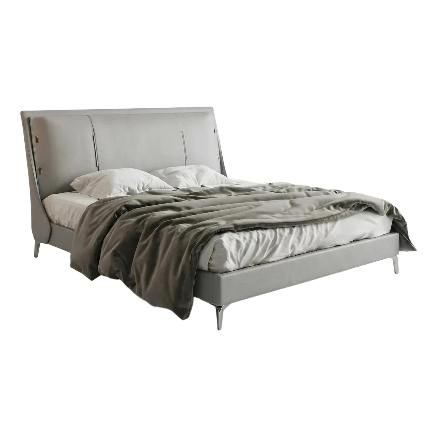 Modern Grey Leather Upholstered Bed with Winged Headboard
