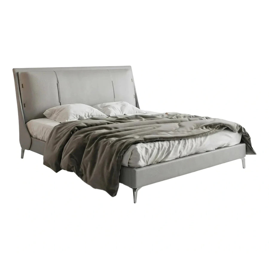 Modern Grey Leather Upholstered Bed with Winged Headboard
