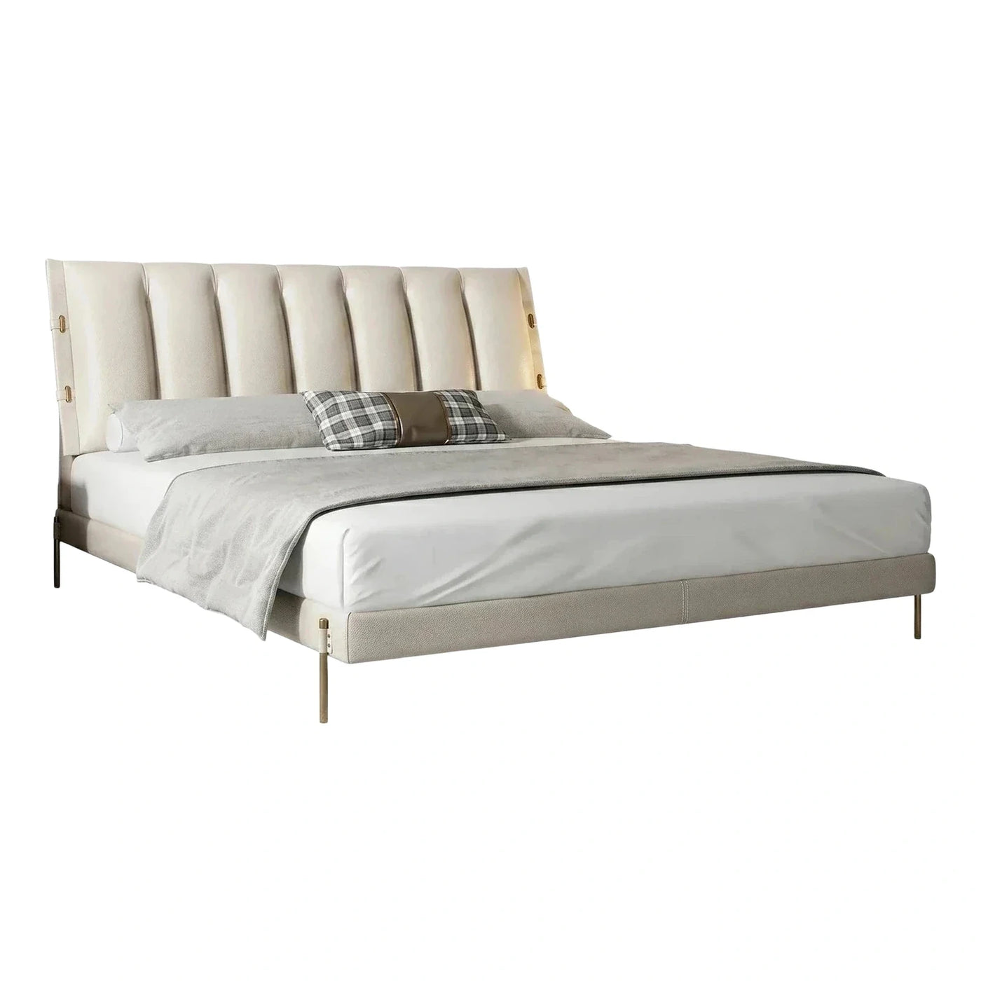 Cream Leather Platform Bed with Gold Metal Legs