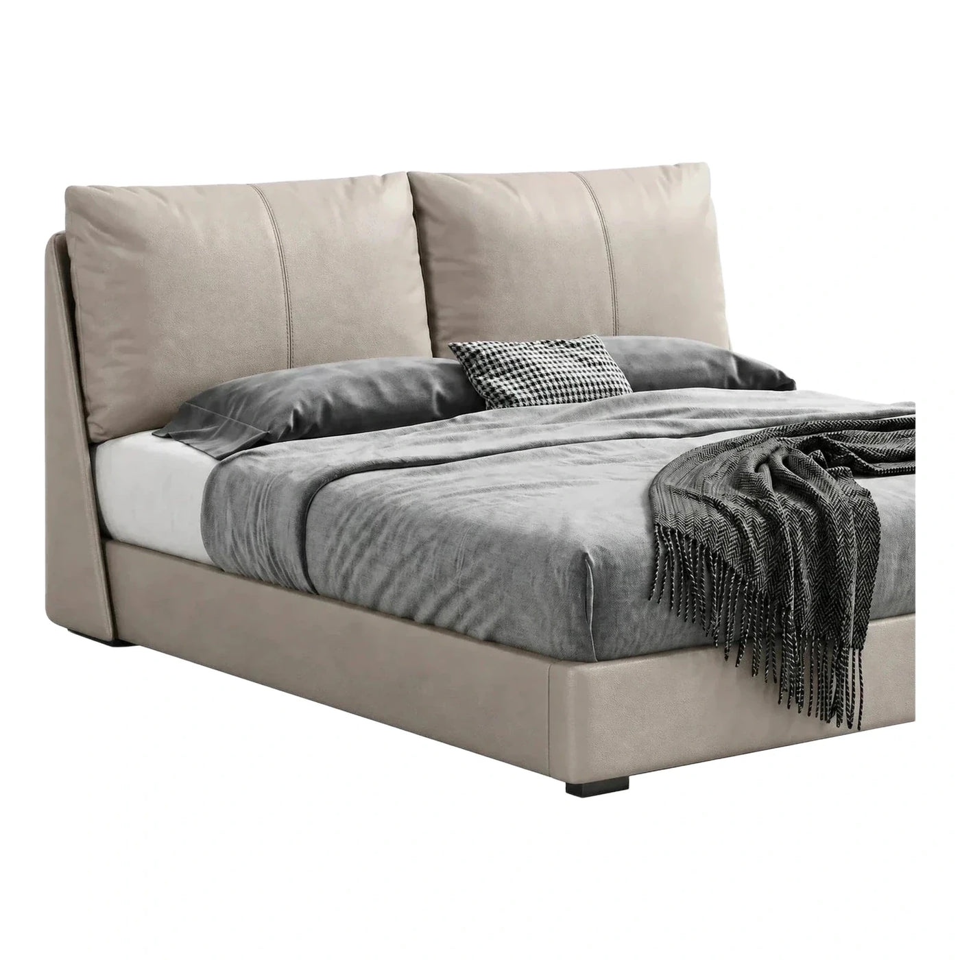 Modern Beige Leather Platform Bed with Padded Headboard