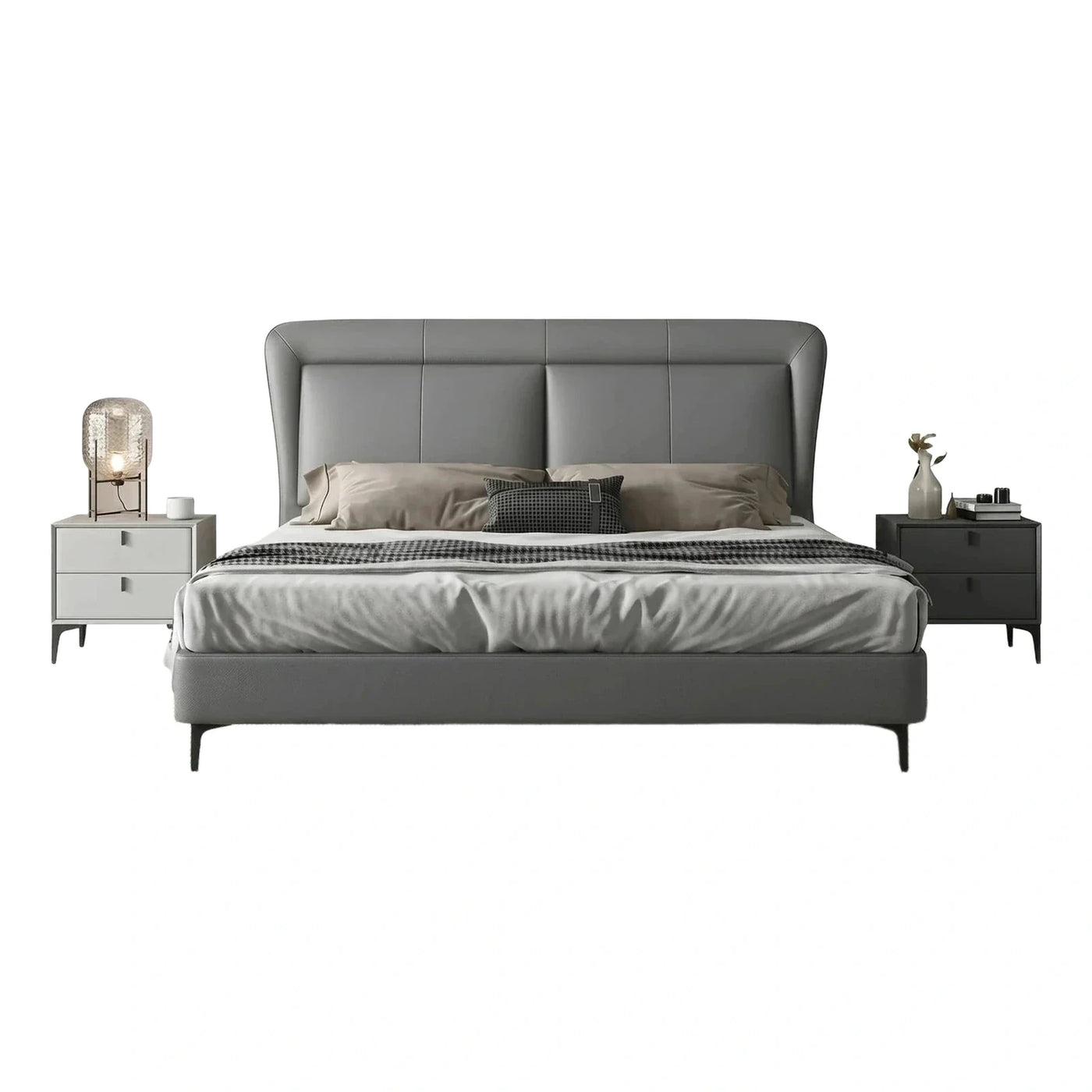 Modern Grey Upholstered Platform Bed with Paneled Headboard