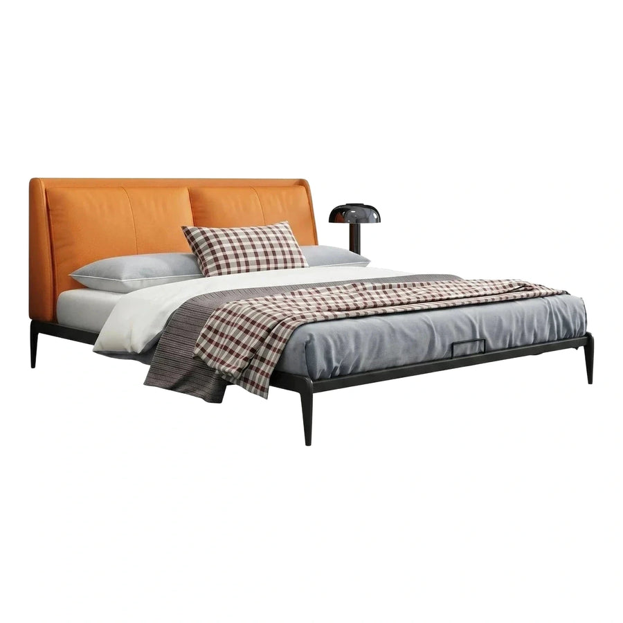 Modern Orange Leather Upholstered Platform Bed Frame
