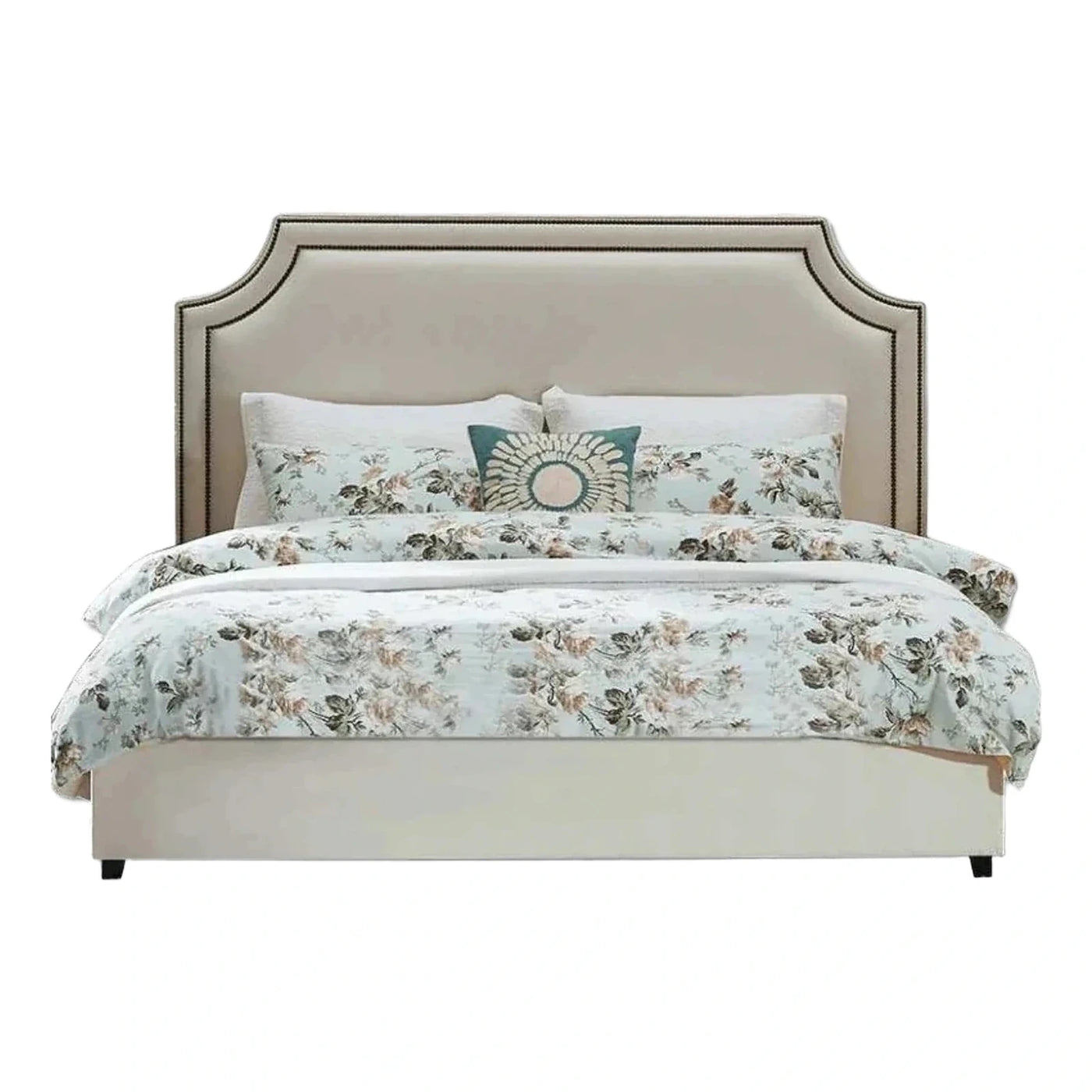 Beige Upholstered Platform Bed with Nailhead Trim