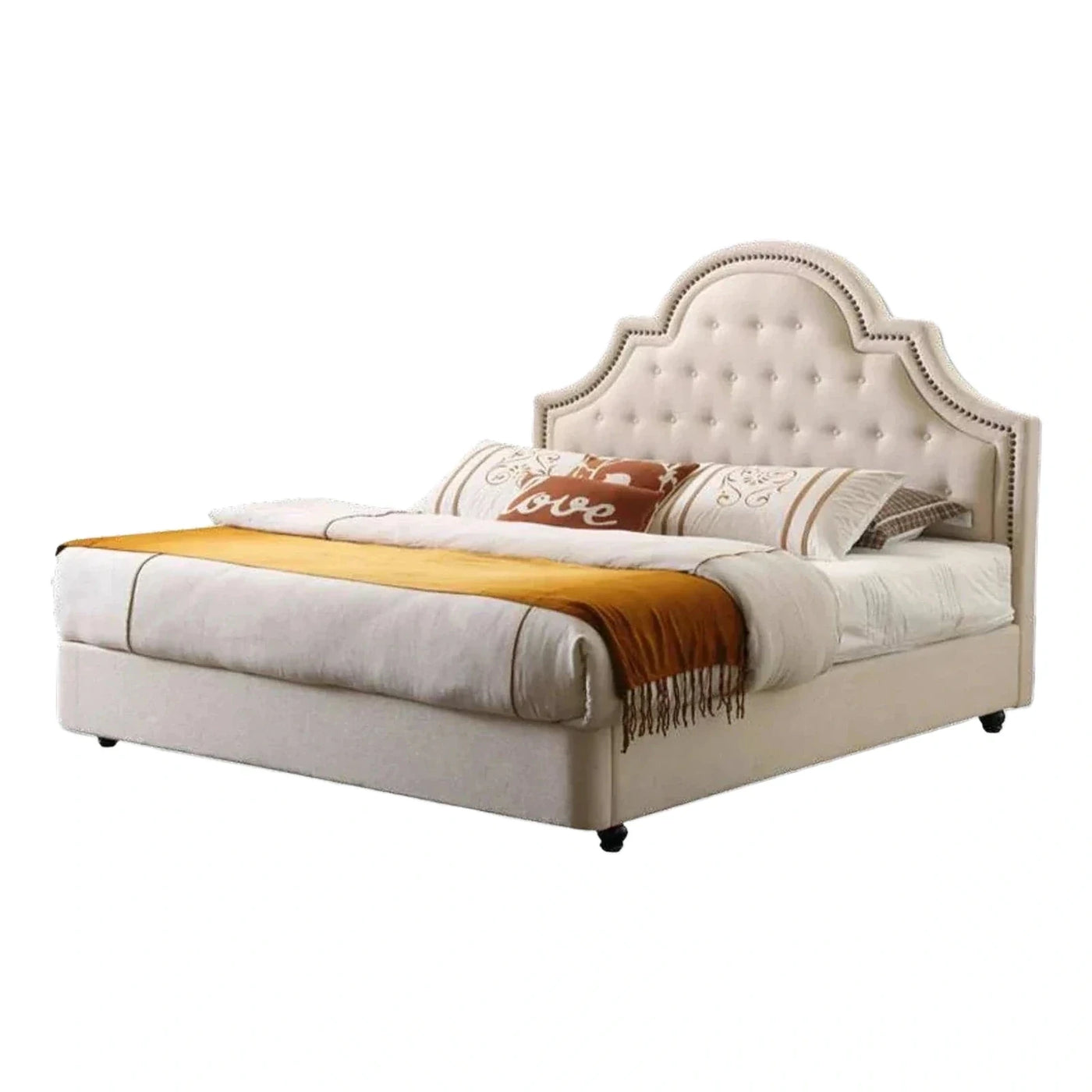 Cream Upholstered Platform Bed with Arched Tufted Headboard