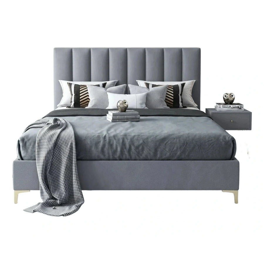 Modern Grey Upholstered Platform Bed with Tufted Headboard