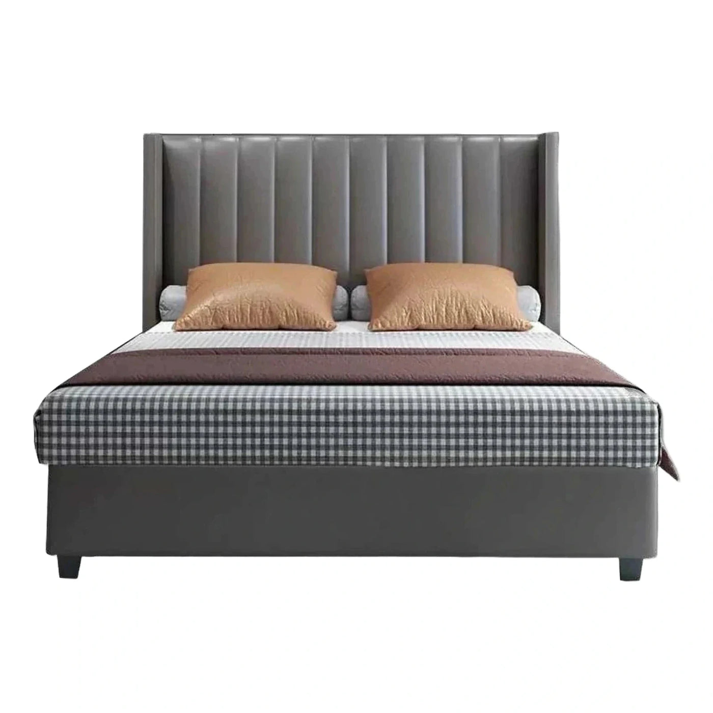 Grey Upholstered Platform Bed with Vertical Channel Headboard