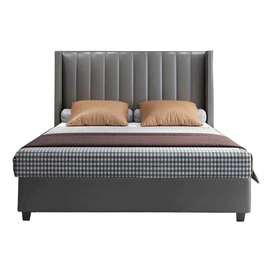 Grey Upholstered Platform Bed with Vertical Channel Headboard