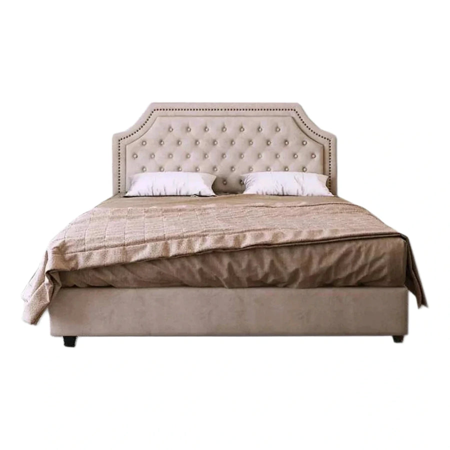 Beige Tufted Upholstered Platform Bed With Nailhead Trim