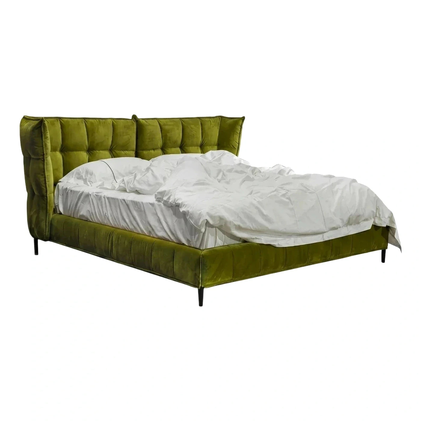 Olive Green Velvet Upholstered Bed with Tufted Headboard