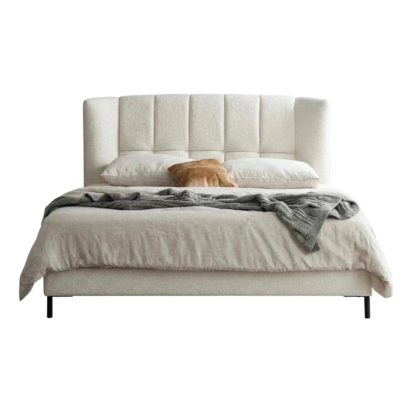 Cream Boucle Upholstered Platform Bed with Channel Tufted Headboard