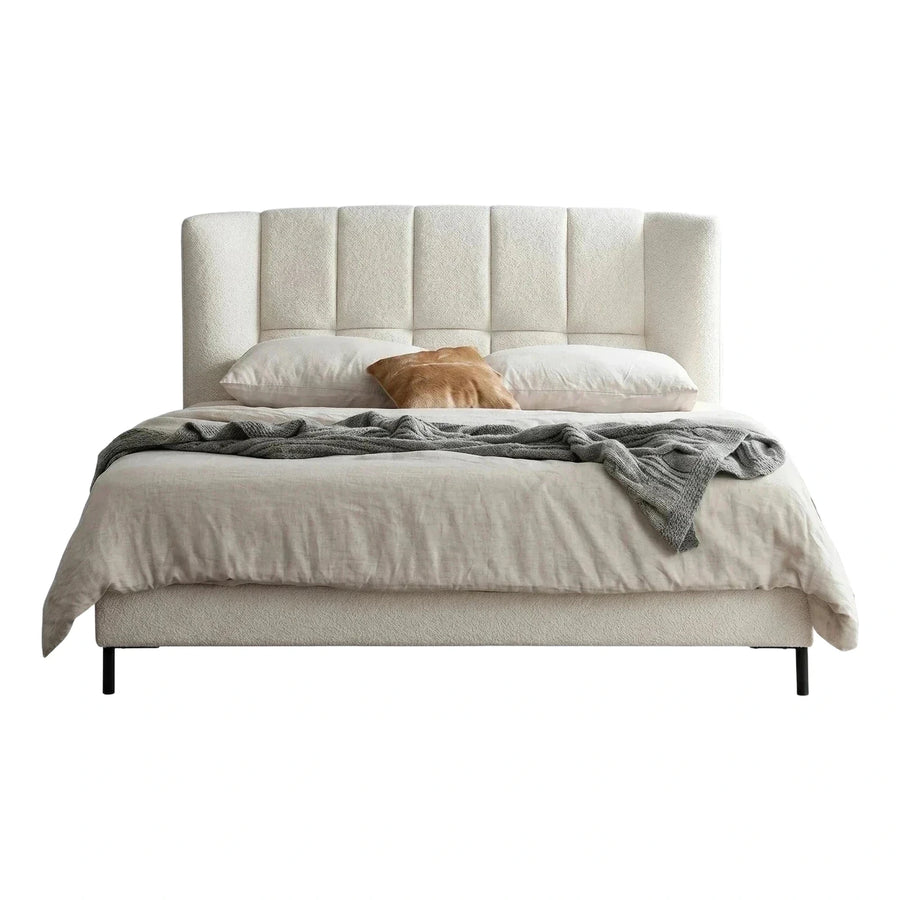 Cream Boucle Upholstered Platform Bed with Channel Tufted Headboard