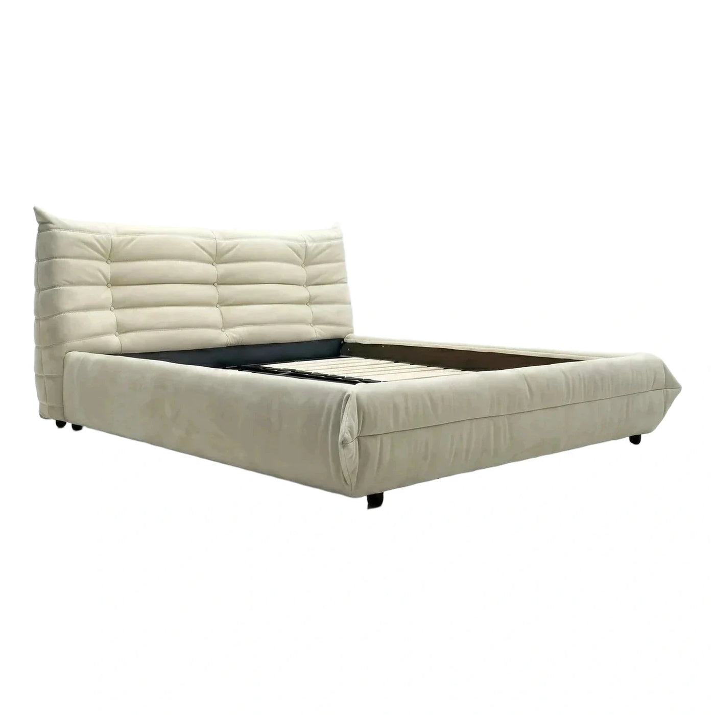 Cream Leather Tufted Platform Bed Frame