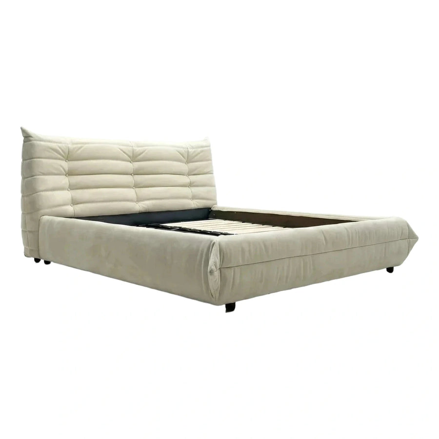 Cream Leather Tufted Platform Bed Frame