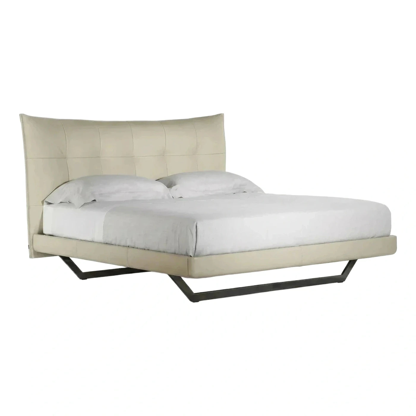 Modern Cream Upholstered Platform Bed with Metal Base