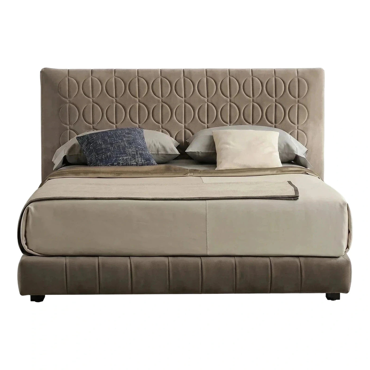 Modern Beige Upholstered Platform Bed with Geometric Headboard