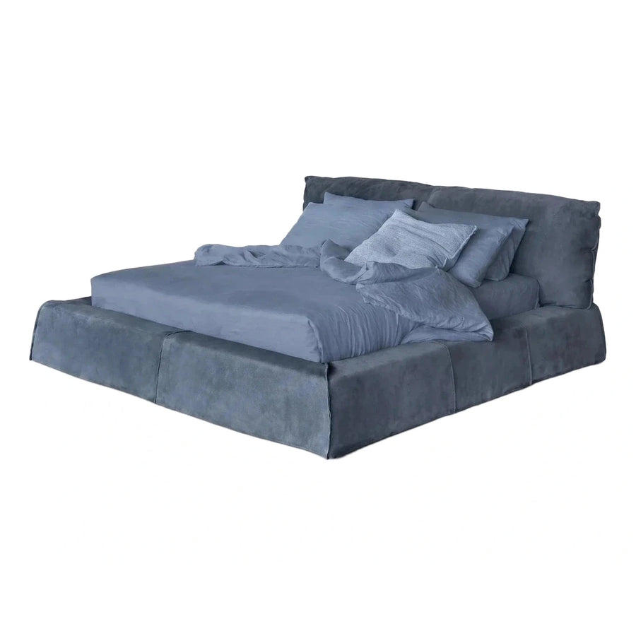 Blue Upholstered Low Profile Platform Bed Frame
