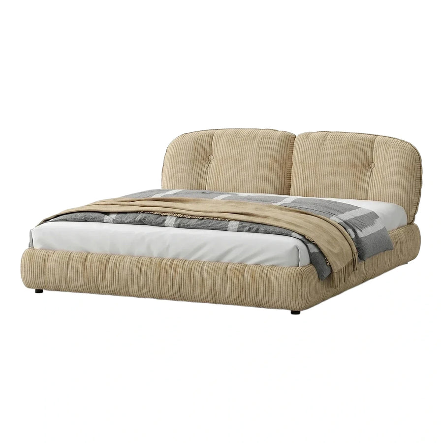 Beige Ribbed Upholstered Low Profile Platform Bed
