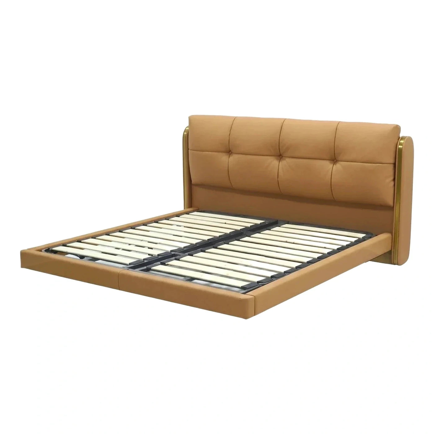 Modern Tan Upholstered Bed Frame with Gold Accents
