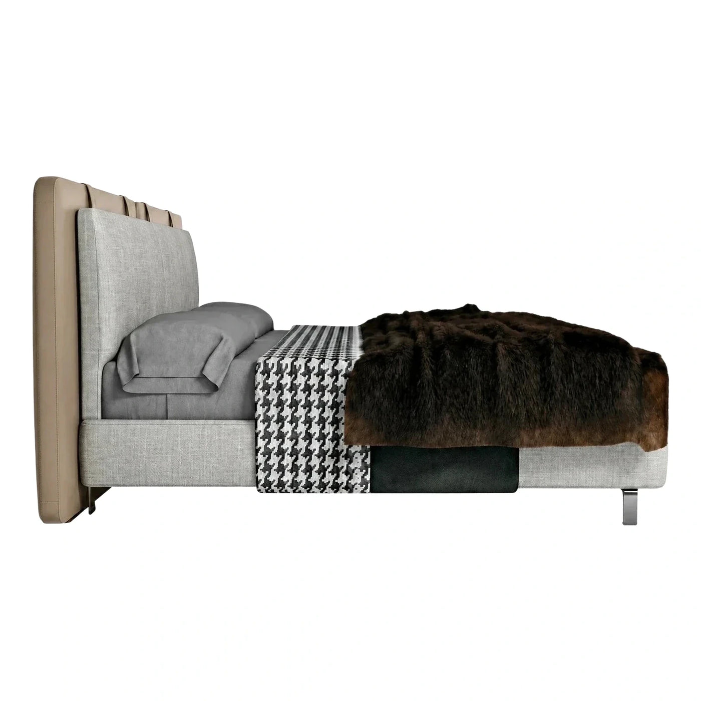 Modern Grey Upholstered Bed with Beige Leather Headboard