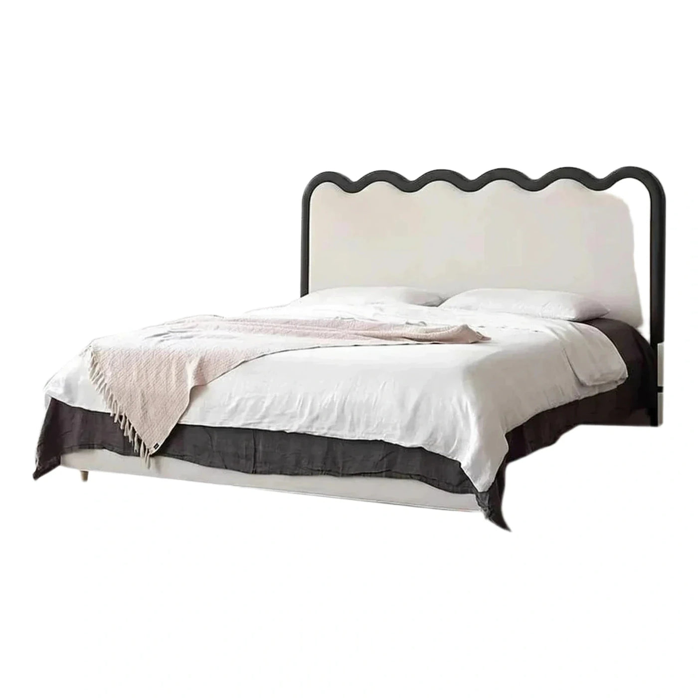 Cream Fabric Platform Bed with Black Scalloped Headboard