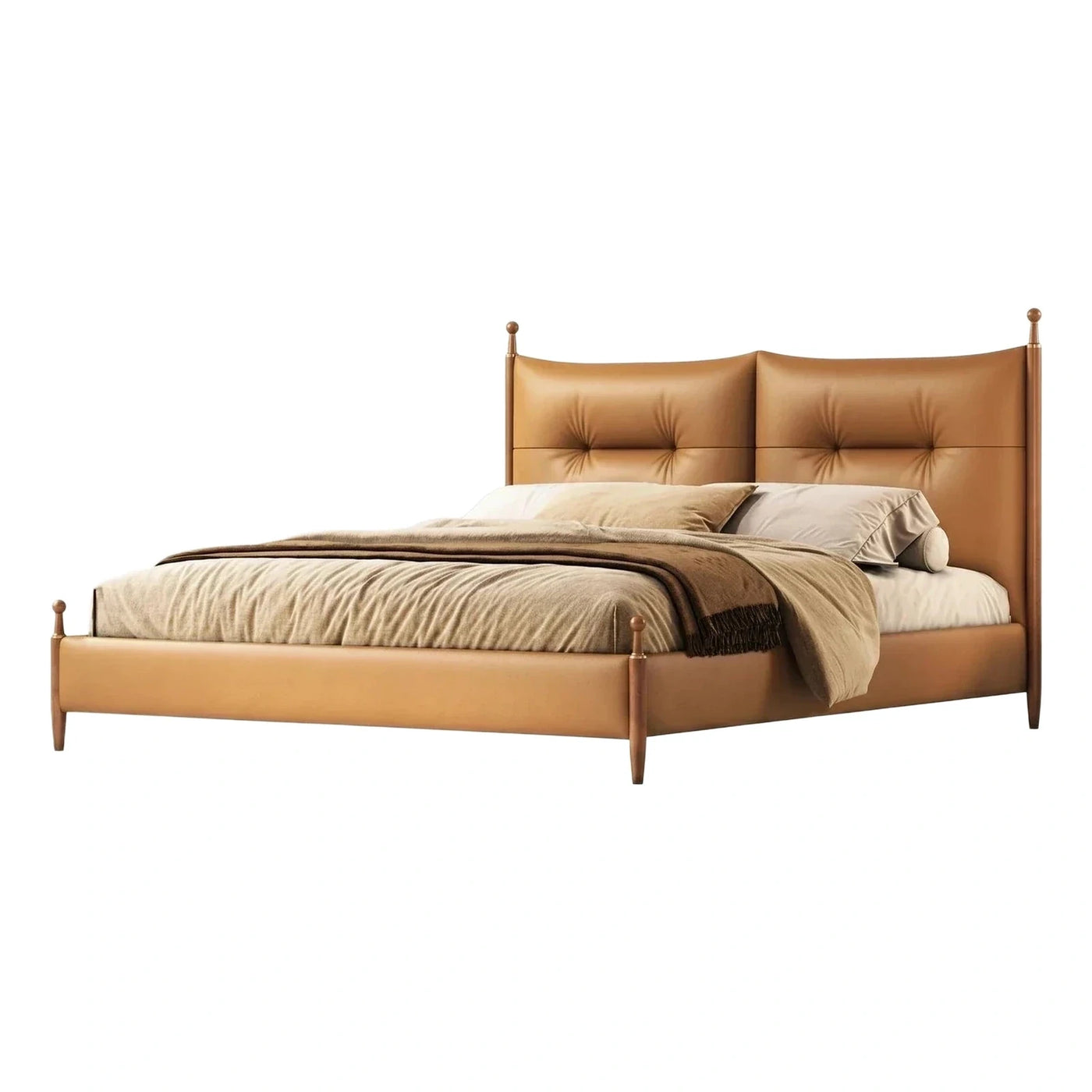 Tan Leather Platform Bed with Tufted Headboard