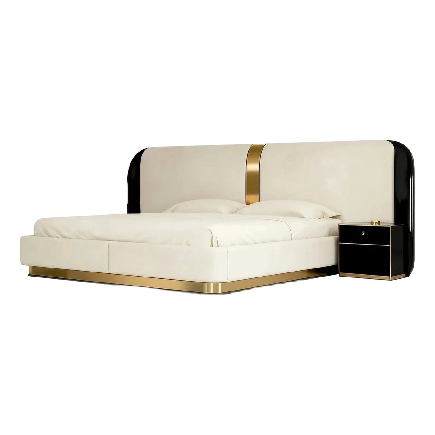 Modern Cream Upholstered Bed with Gold Accents