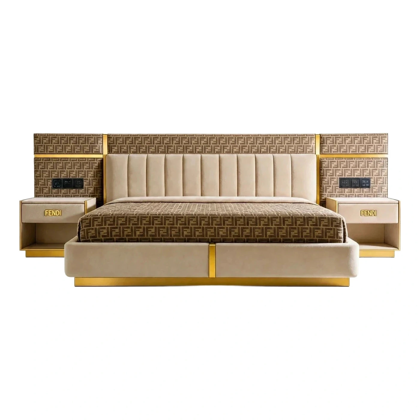 Luxury Beige Upholstered Bed With Integrated Nightstands
