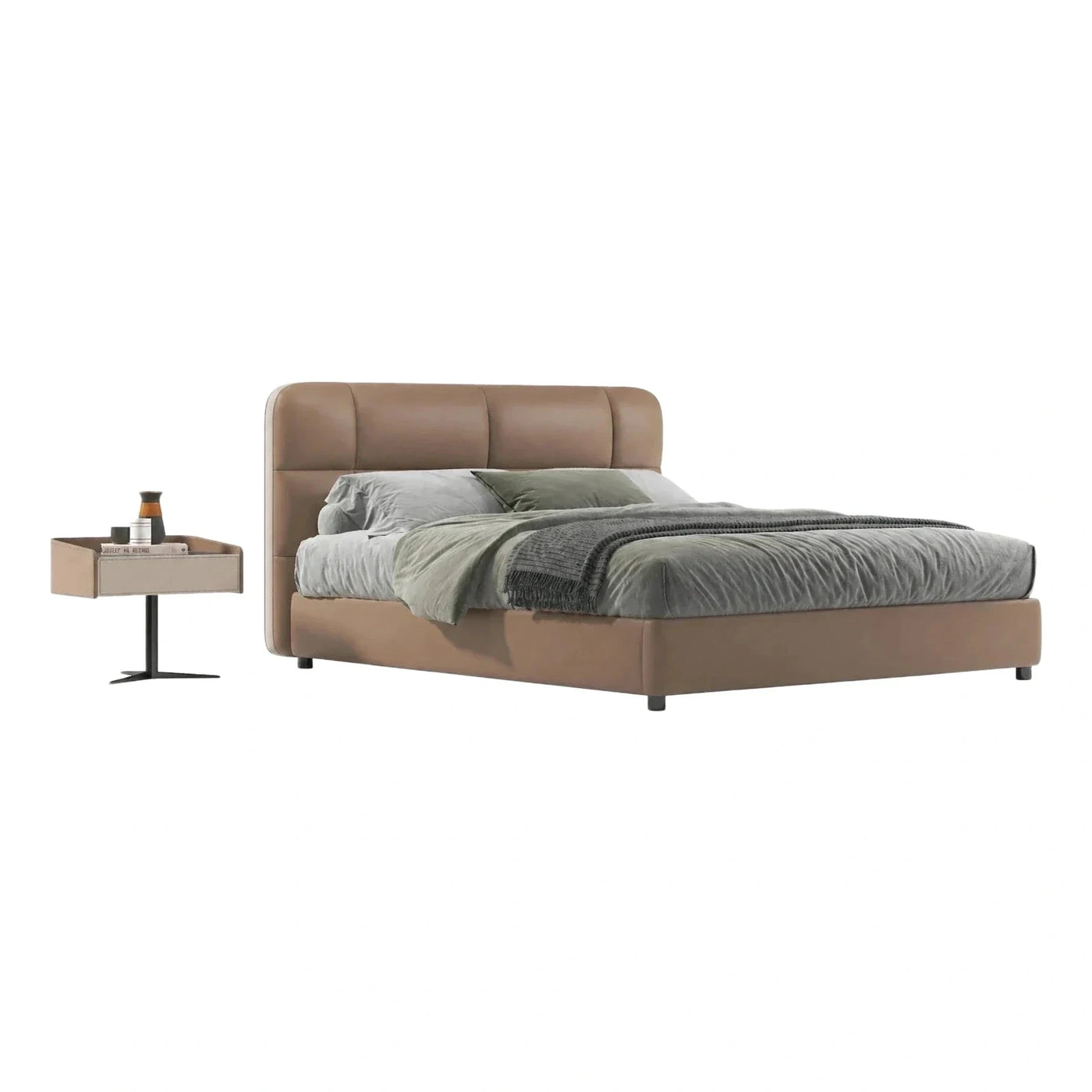 Modern Beige Upholstered Platform Bed with Tall Headboard