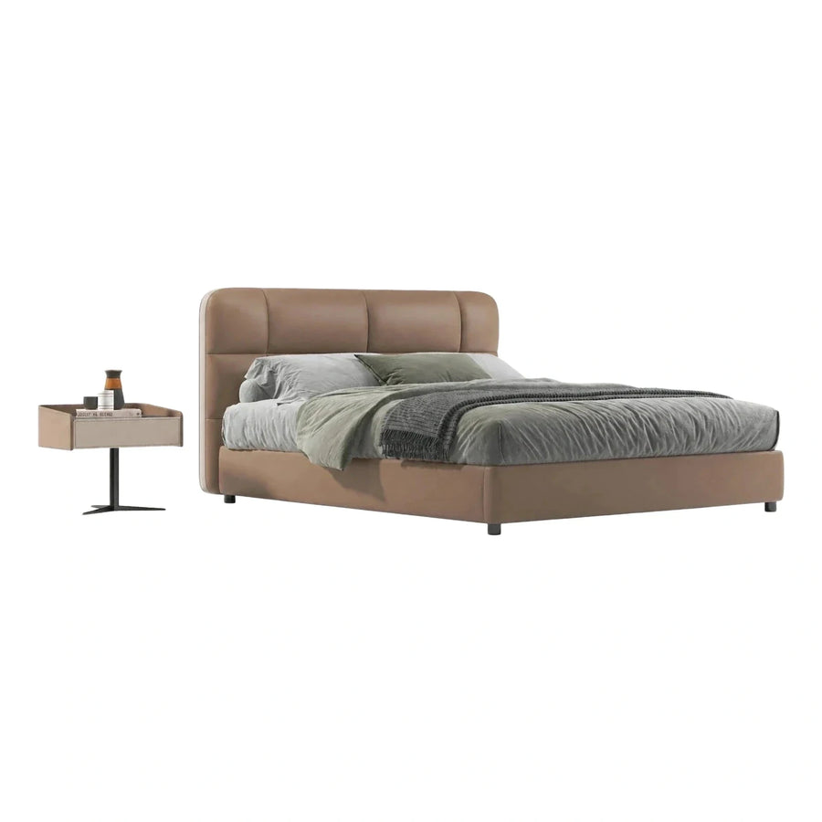 Modern Beige Upholstered Platform Bed with Tall Headboard