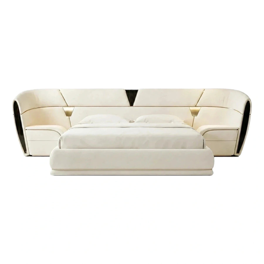 Cream Leather Bed with Integrated Nightstands and Gold Trim