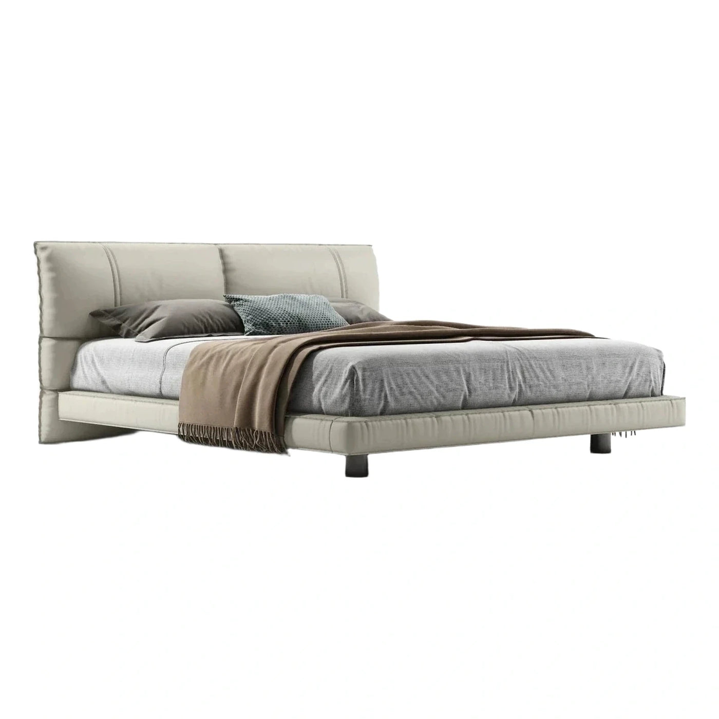 Cream Upholstered Platform Bed with Tall Headboard