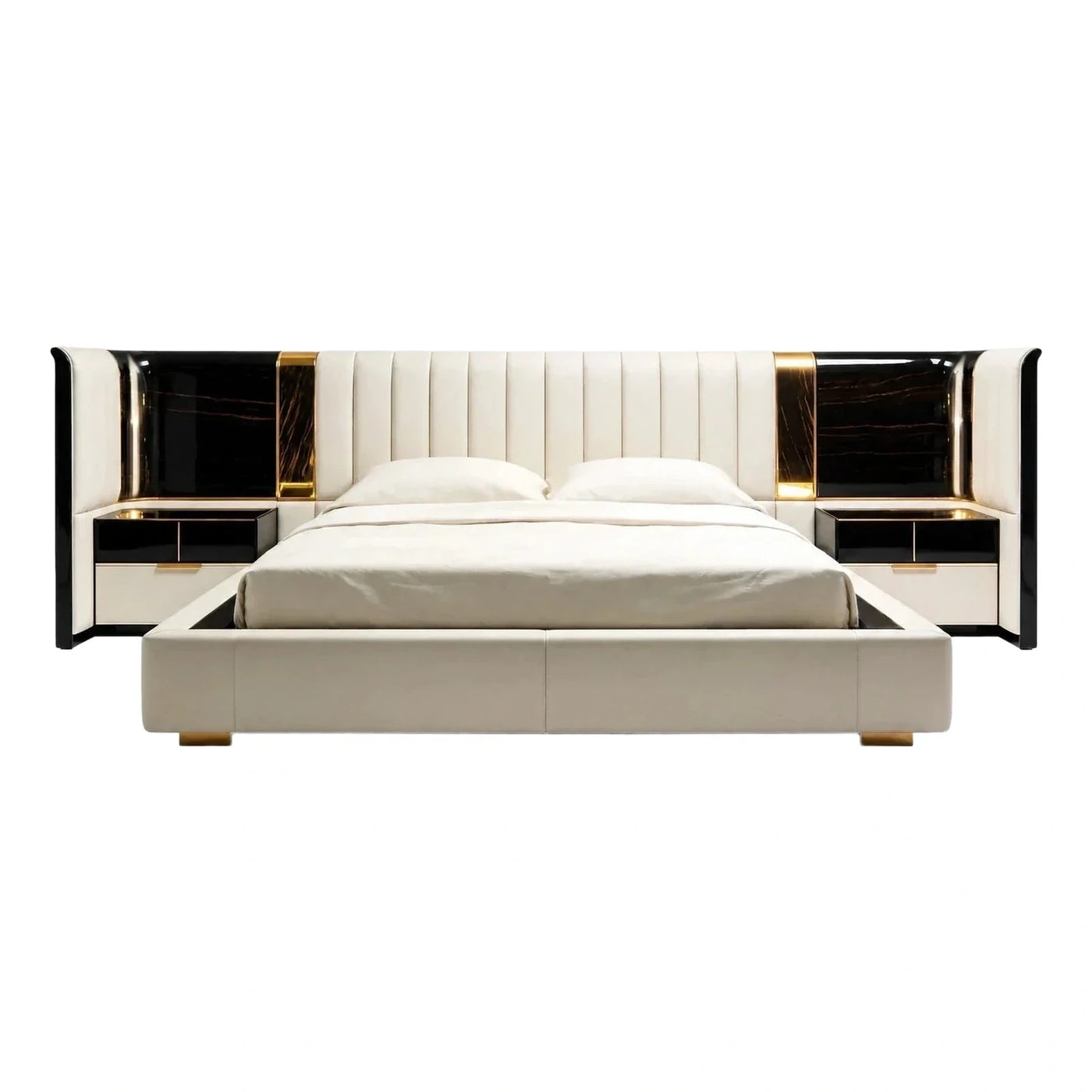 Luxury Cream Upholstered Bed with Integrated Nightstands