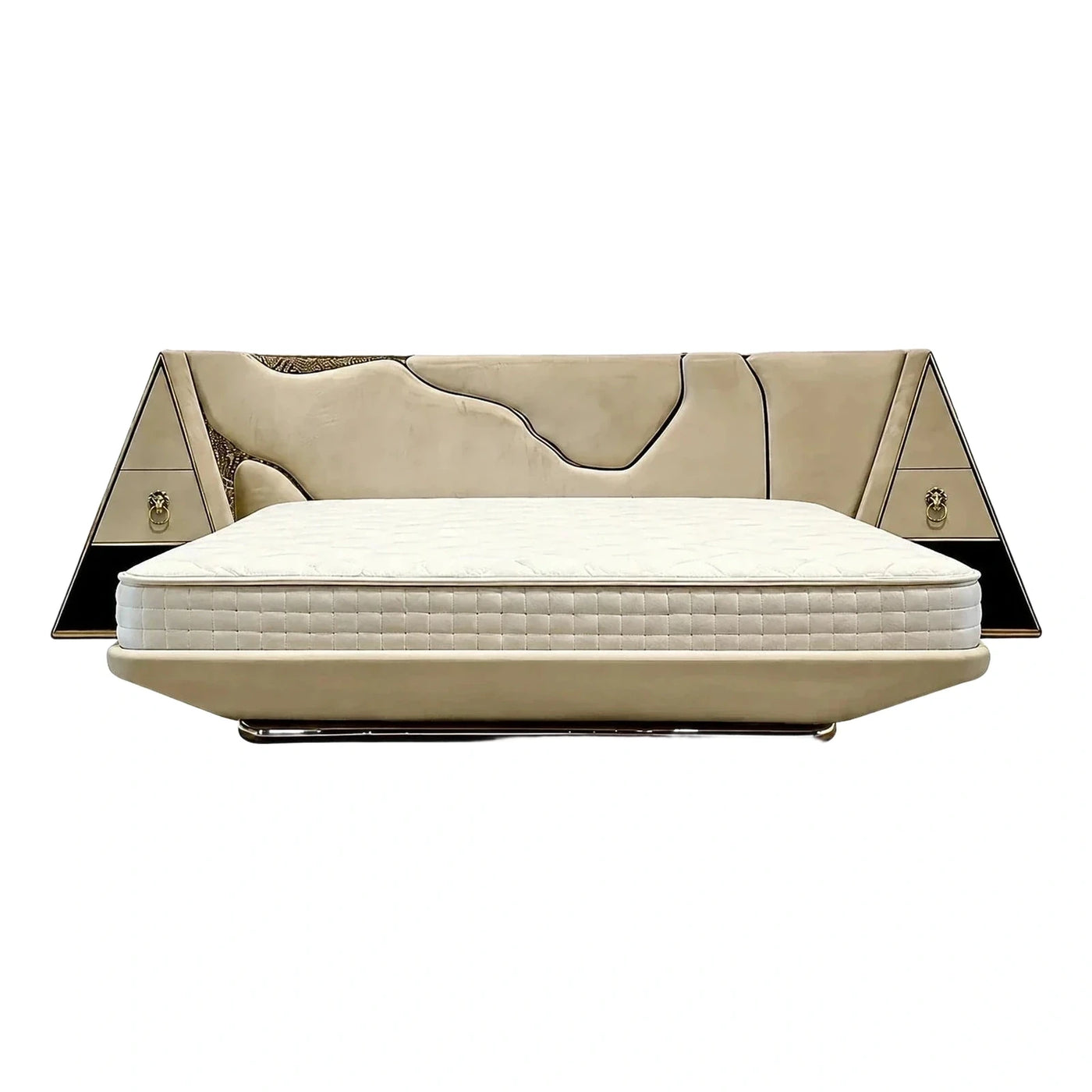 Luxury Beige Upholstered Bed with Geometric Headboard
