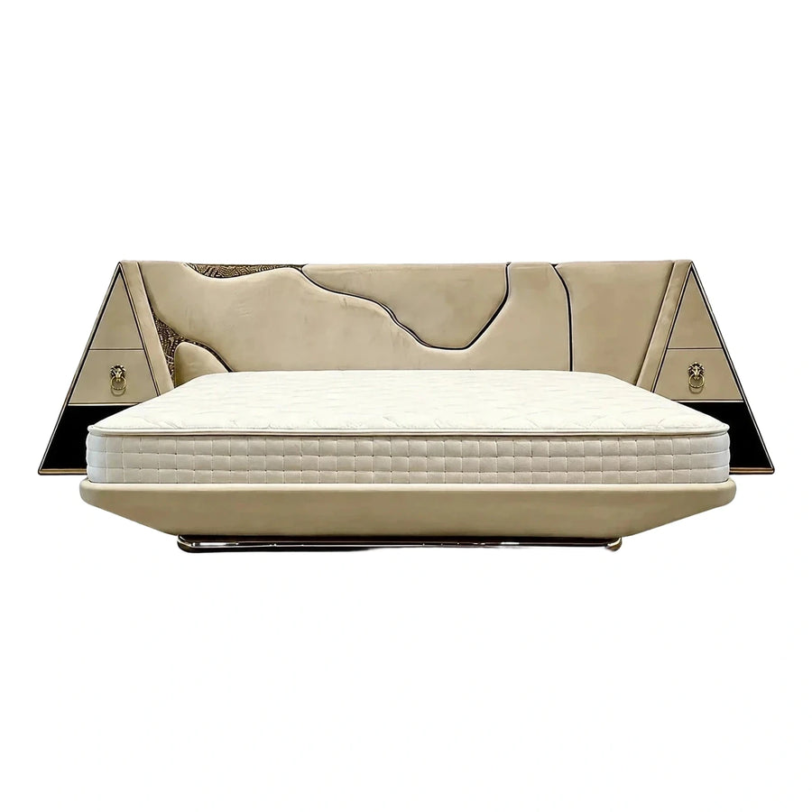 Luxury Beige Upholstered Bed with Geometric Headboard