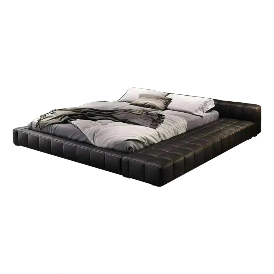 Modern Black Tufted Leather Platform Bed Frame