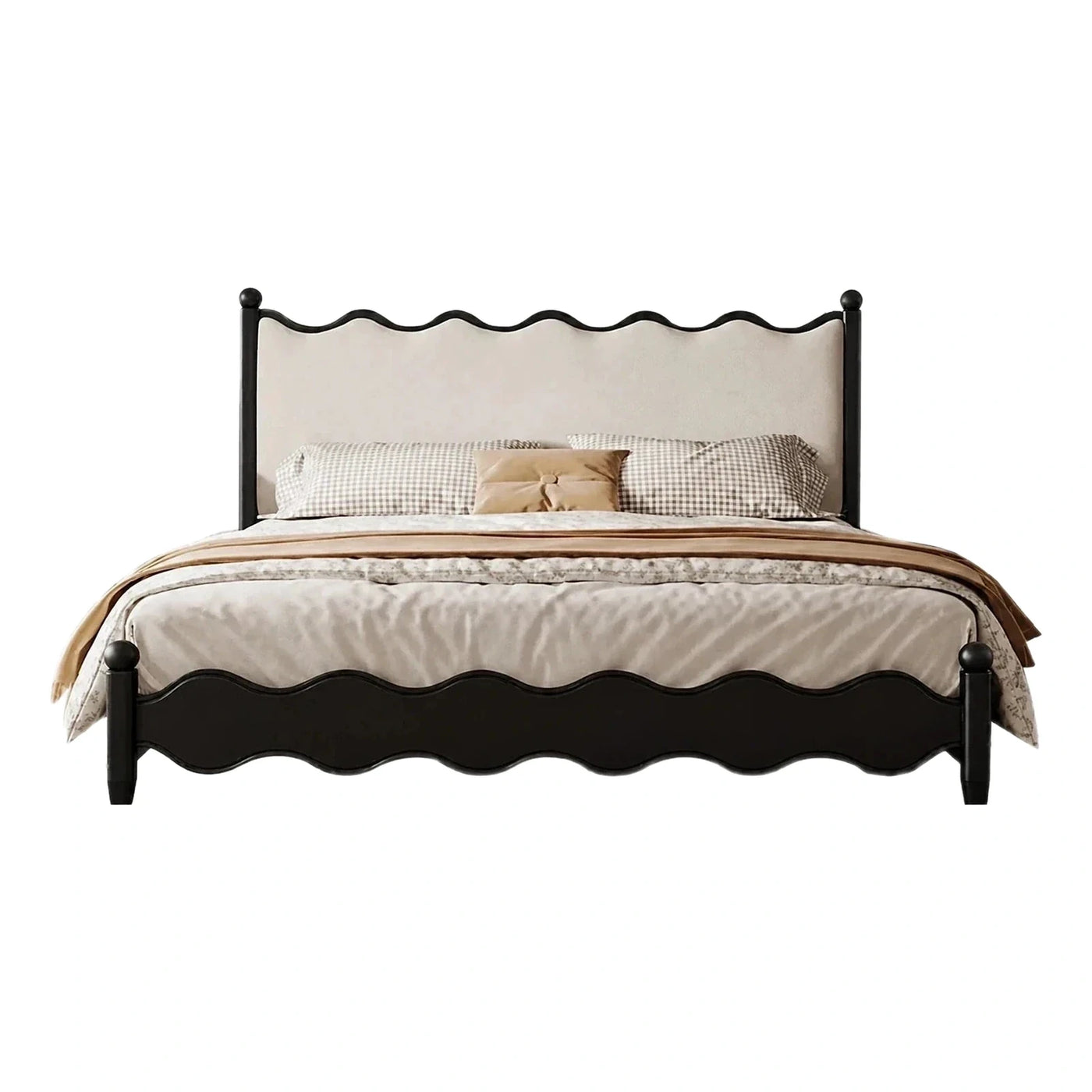 Scalloped Cream Upholstered Bed with Dark Wood Frame