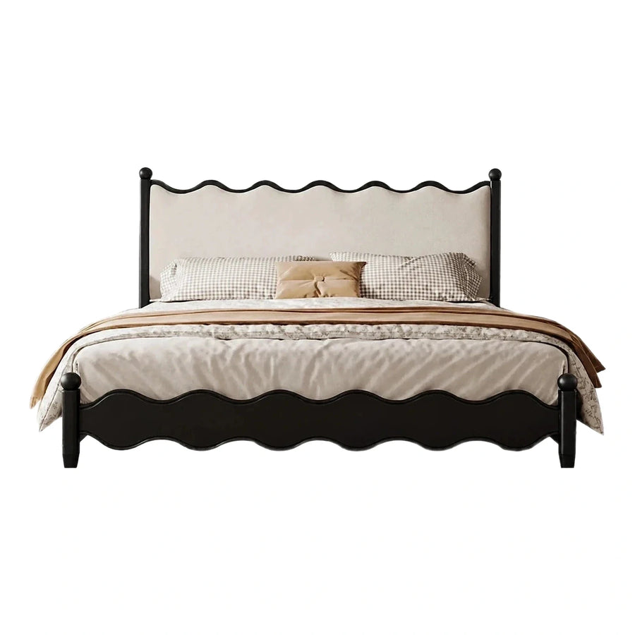 Scalloped Cream Upholstered Bed with Dark Wood Frame