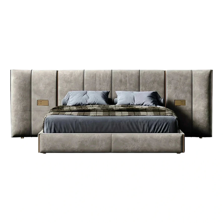 Modern Grey Upholstered Bed with Tall Headboard