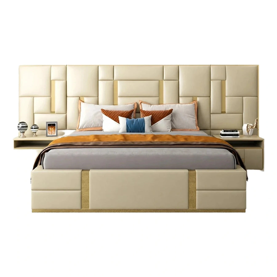 Modern Cream Upholstered Bed With Integrated Nightstands