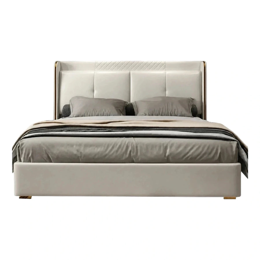 Cream Upholstered Platform Bed with Gold Metal Accents