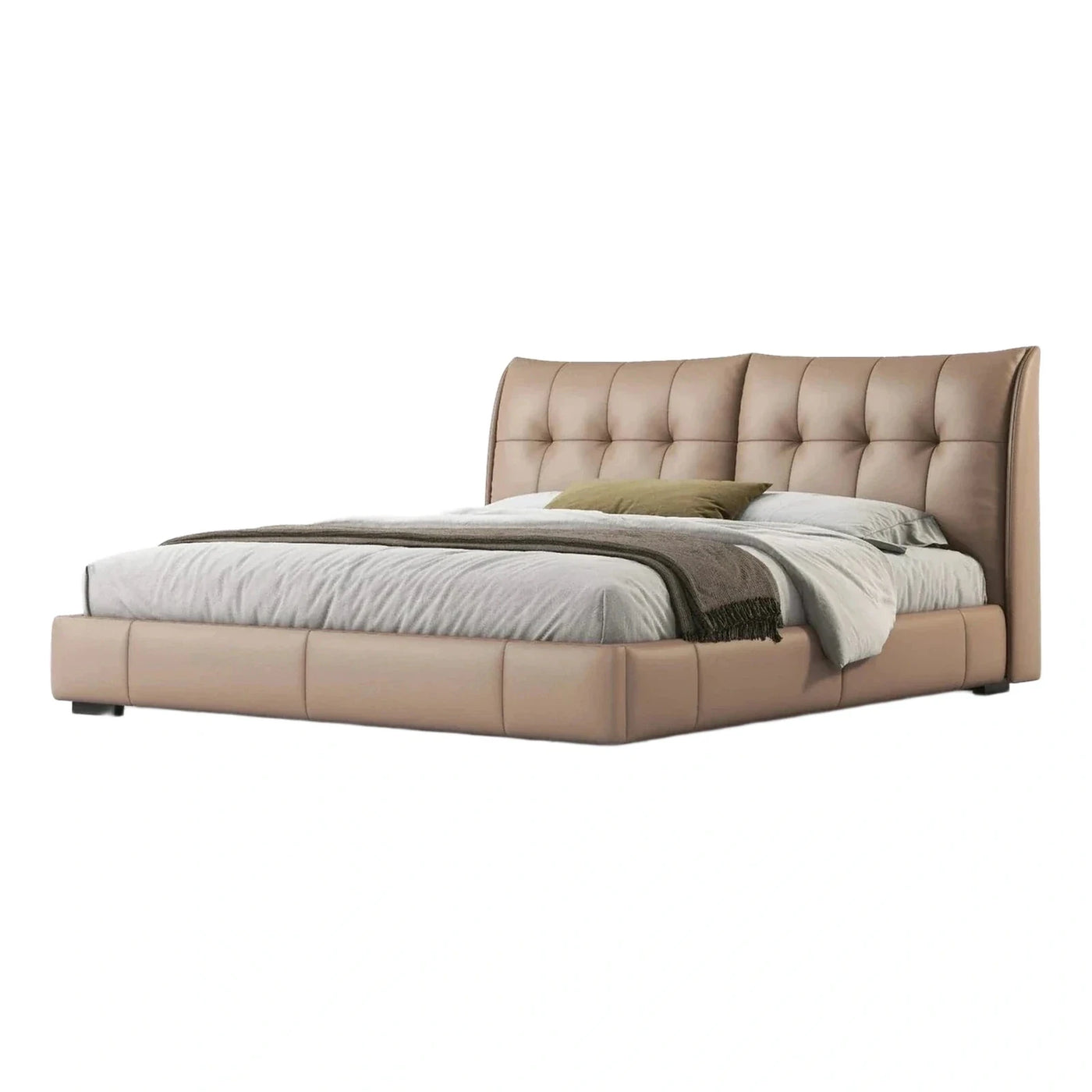 Beige Leather Tufted Platform Bed with Wingback Headboard