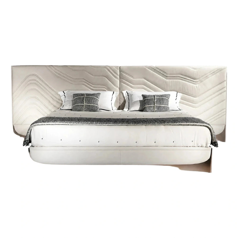 Modern Cream Upholstered Platform Bed With Tall Headboard