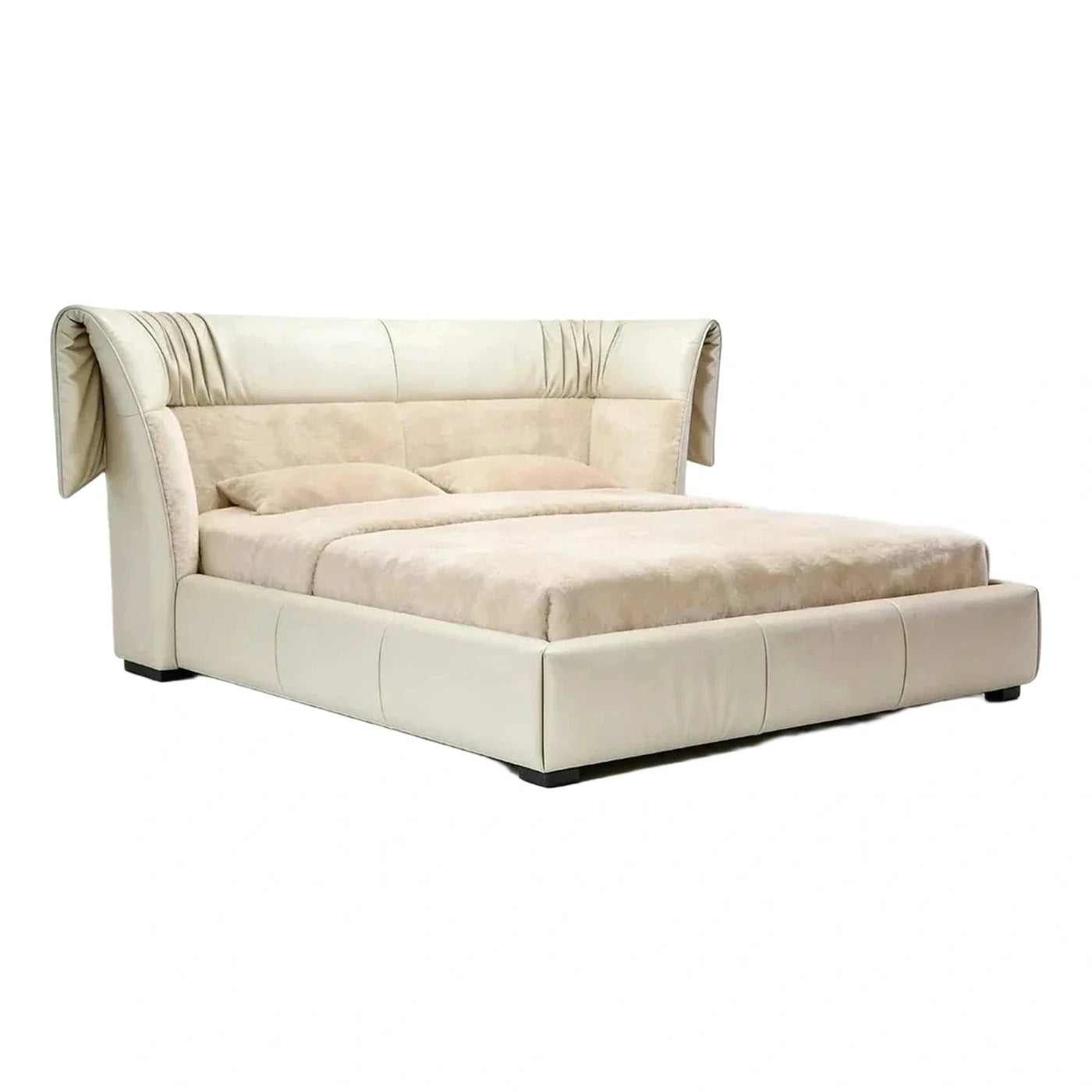 Cream Leather Platform Bed with Draped Headboard