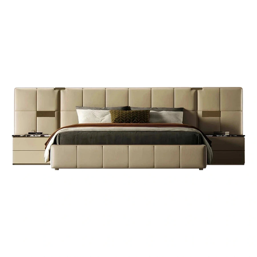 Modern Beige Upholstered Bed with Integrated Nightstands